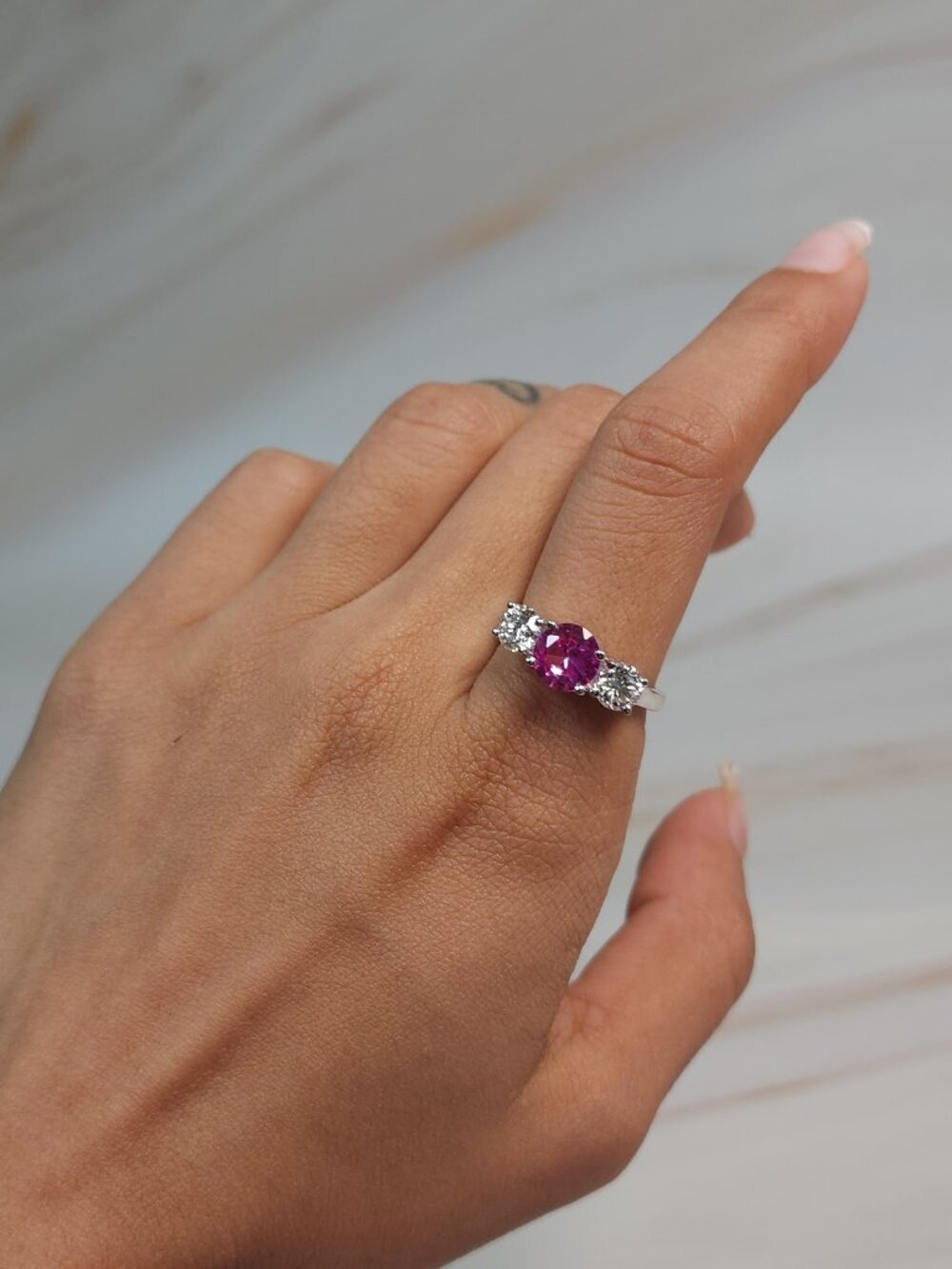 Created Pink Sapphire & 1Ct Lab Grown Diamond Round ring .925 Sterling Silver